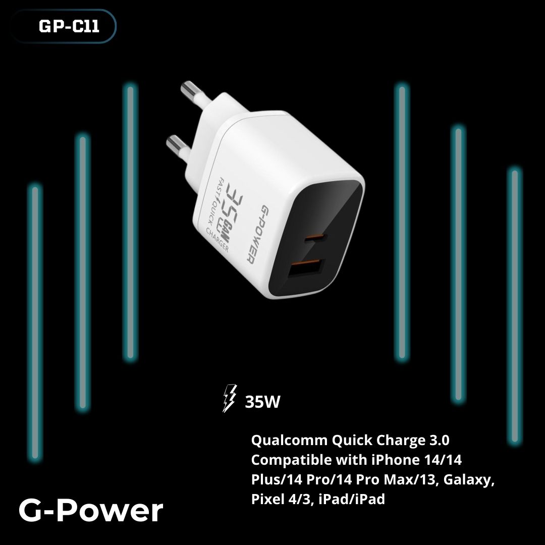 G-Power GP-C11 35W Dual USB Charger | USB-A & USB-C, Quick Charge 3.0 - White