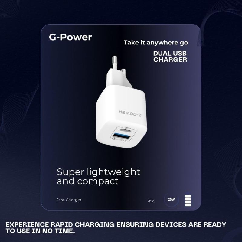 G-Power GP-C1 20W Dual USB Charger | USB-A & USB-C - White
