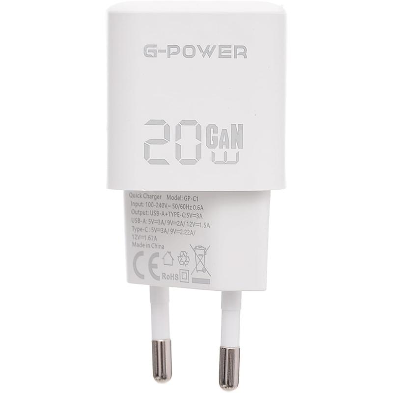 G-Power GP-C1 20W Dual USB Charger | USB-A & USB-C - White