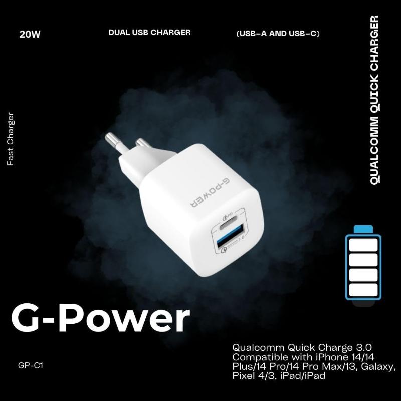 G-Power GP-C1 20W Dual USB Charger | USB-A & USB-C - White