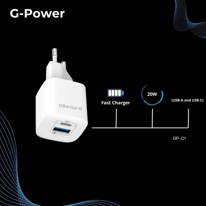 G-Power GP-C1 20W Dual USB Charger | USB-A & USB-C - White