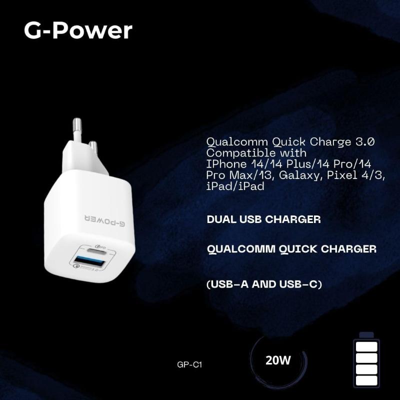 G-Power GP-C1 20W Dual USB Charger | USB-A & USB-C - White
