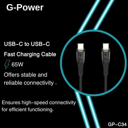 G-Power GP-C34 USB-C to USB-C Cable | 65W Fast Charging, 120CM, Data Transfer - Black