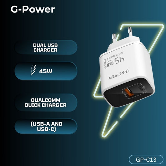 G-Power GP-C13 45W Dual USB Charger | USB-A & USB-C, Quick Charge 3.0 - White