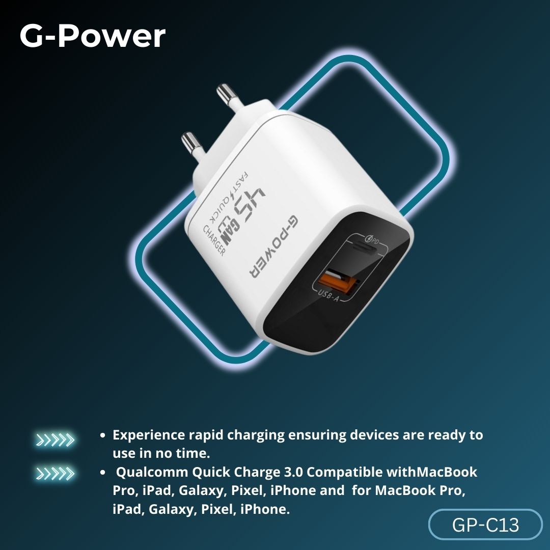 G-Power GP-C13 45W Dual USB Charger | USB-A & USB-C, Quick Charge 3.0 - White