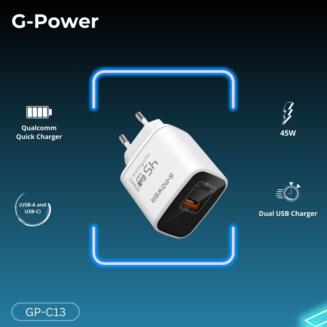 G-Power GP-C13 45W Dual USB Charger | USB-A & USB-C, Quick Charge 3.0 - White