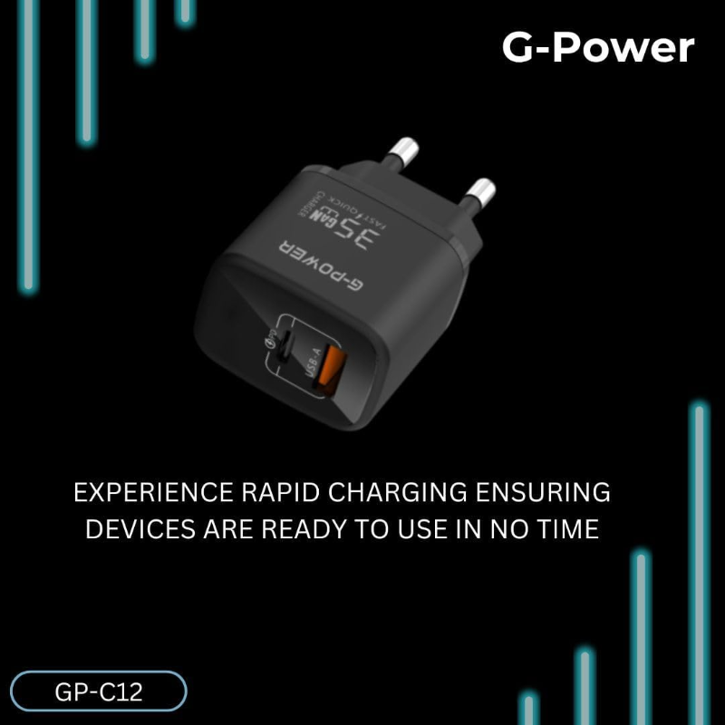 G-Power GP-C12 35W Dual USB Charger | USB-A & USB-C, Quick Charge 3.0 - Black