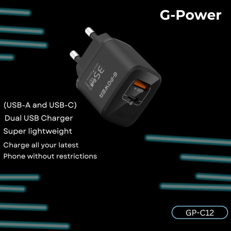 G-Power GP-C12 35W Dual USB Charger | USB-A & USB-C, Quick Charge 3.0 - Black