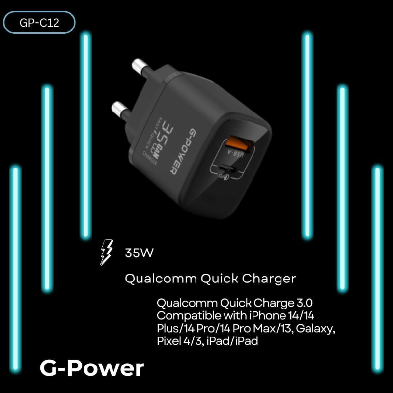 G-Power GP-C12 35W Dual USB Charger | USB-A & USB-C, Quick Charge 3.0 - Black