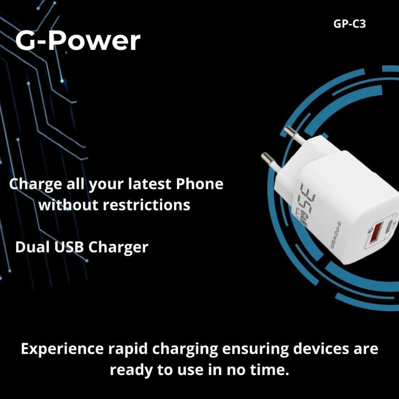 G-Power GP-C3 35W Dual USB Charger | USB-A & USB-C, Quick Charge 3.0 - White