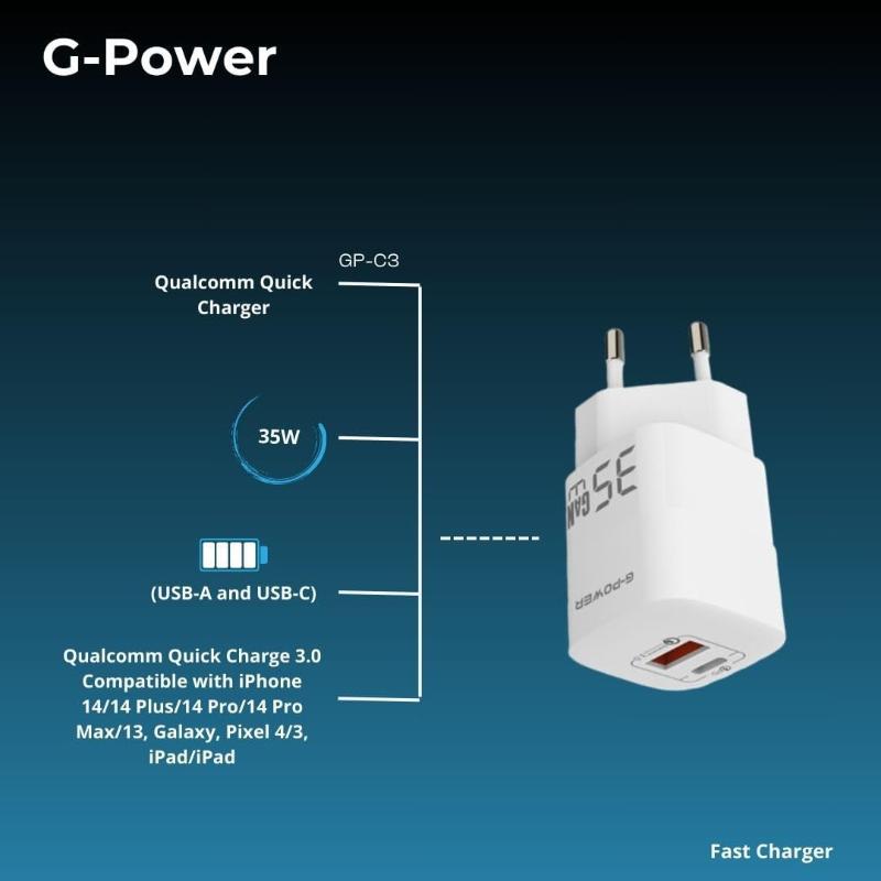 G-Power GP-C3 35W Dual USB Charger | USB-A & USB-C, Quick Charge 3.0 - White
