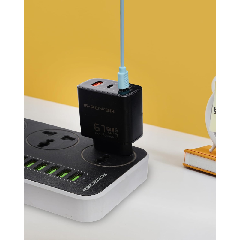 شاحن G-Power GP-C16 بقوة 67 واط بثلاثة منافذ | USB-A ومنفذان USB-C، شحن سريع 3.0 - أسود