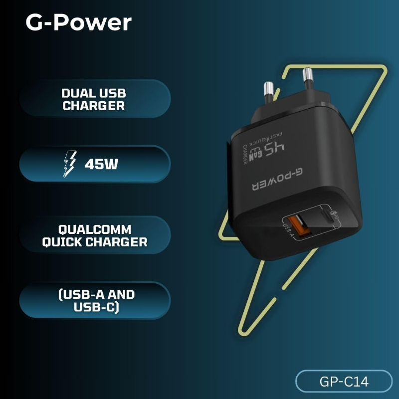 G-Power GP-C14 45W Dual USB Charger | USB-A & USB-C, Quick Charge 3.0 - Black