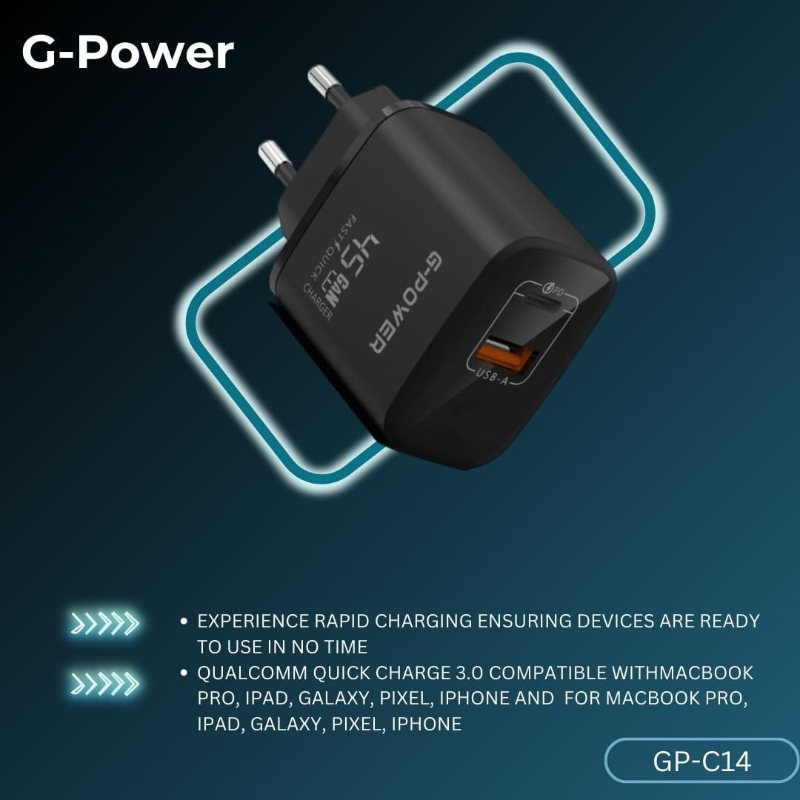 G-Power GP-C14 45W Dual USB Charger | USB-A & USB-C, Quick Charge 3.0 - Black
