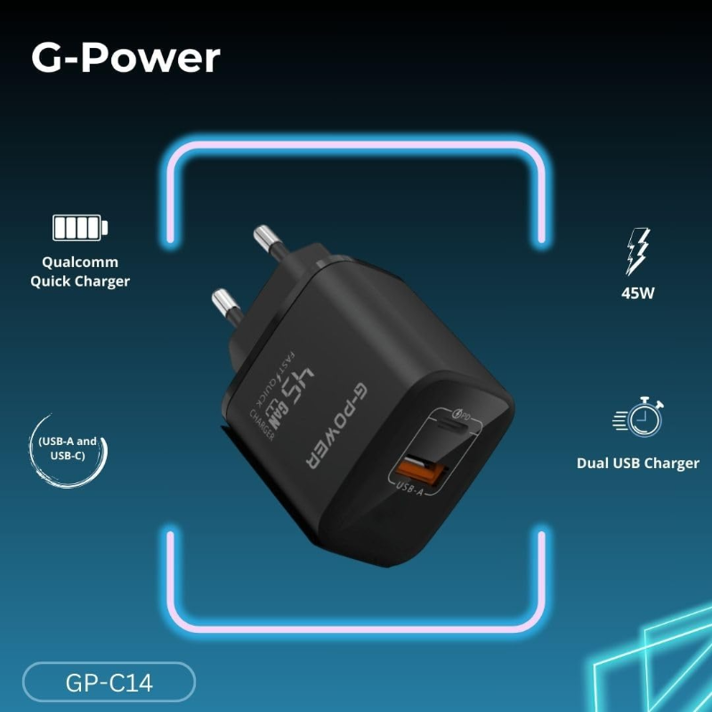 G-Power GP-C14 45W Dual USB Charger | USB-A & USB-C, Quick Charge 3.0 - Black