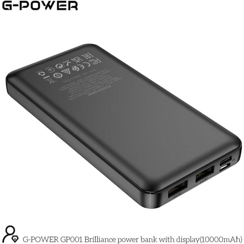 G-Power GP001 Brilliance Power Bank | 10,000mAh, 4 Ports (2 USB, Micro, Type-C), 22.5W Quick Charge - Black