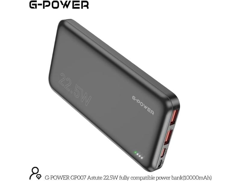 G-Power GP007 Ultra Thin Astute Power Bank | 10,000mAh, 4 Ports (2 USB, Micro, Type-C), 22.5W Quick Charge - Black