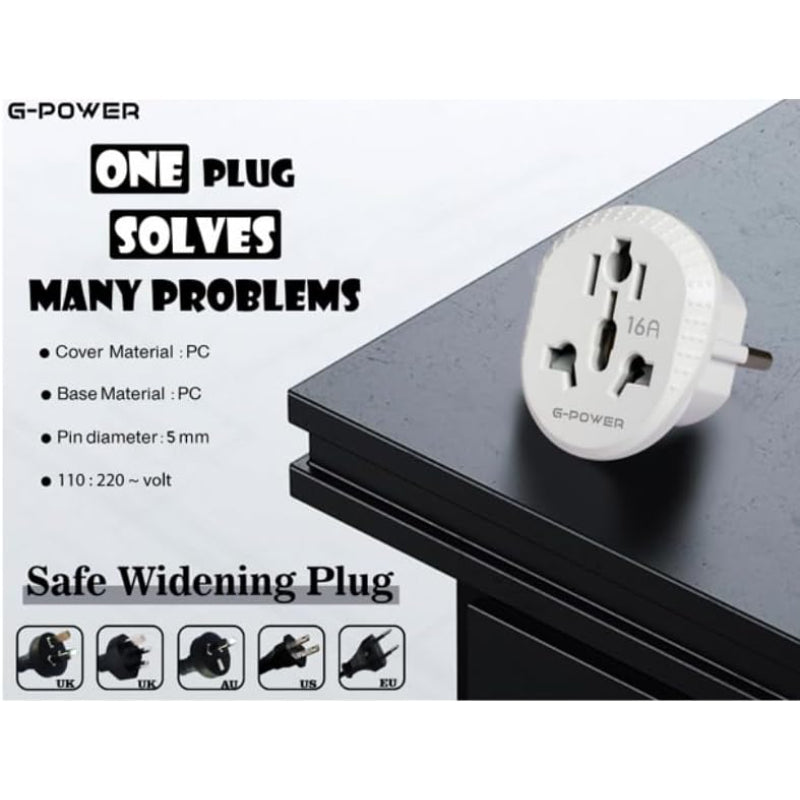 G-Power GP590WH MK Safety Adapter Triple to Dual Switching High Load Compatible With All Electrical Appliances and Chargers 16A 5mm - White