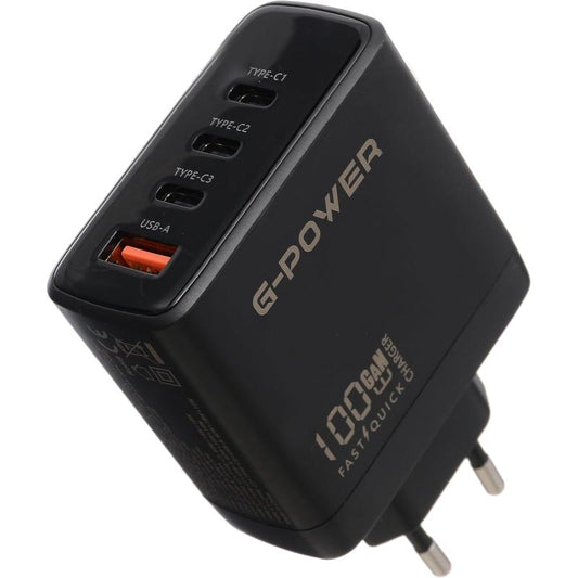 شاحن G-Power GP-C18 بقوة 100 وات و4 منافذ (USB-A و3USB-C) بتقنية Qualcomm Quick Charge 3.0 متوافق مع أجهزة MacBook Pro وiPad وGalaxy وPixel وiPhone والمزيد - أسود