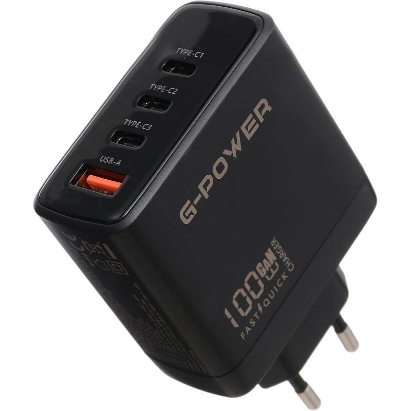 G-Power GP-C18 100W 4-Port Charger | USB-A & 3 USB-C, Quick Charge 3.0 - Black