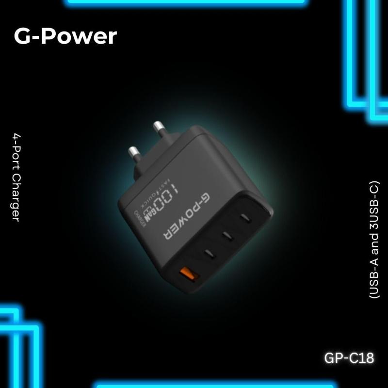 G-Power GP-C18 100W 4-Port Charger | USB-A & 3 USB-C, Quick Charge 3.0 - Black