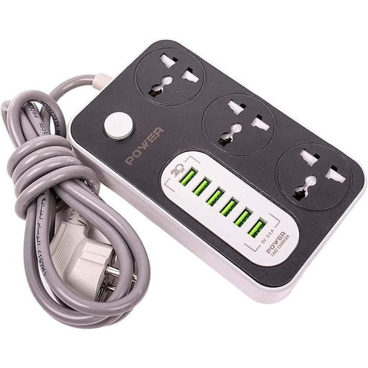 G-Power WS341 Power Strip | 3 Universal Sockets, 6 Smart USB Ports 2.4A, 220V Surge Protector - Black/Grey