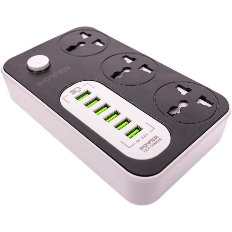 G-Power WS341 power strip surge protector 220v with 3 universal international socket and smart 6 usb charging ports 2.4a - Black Grey