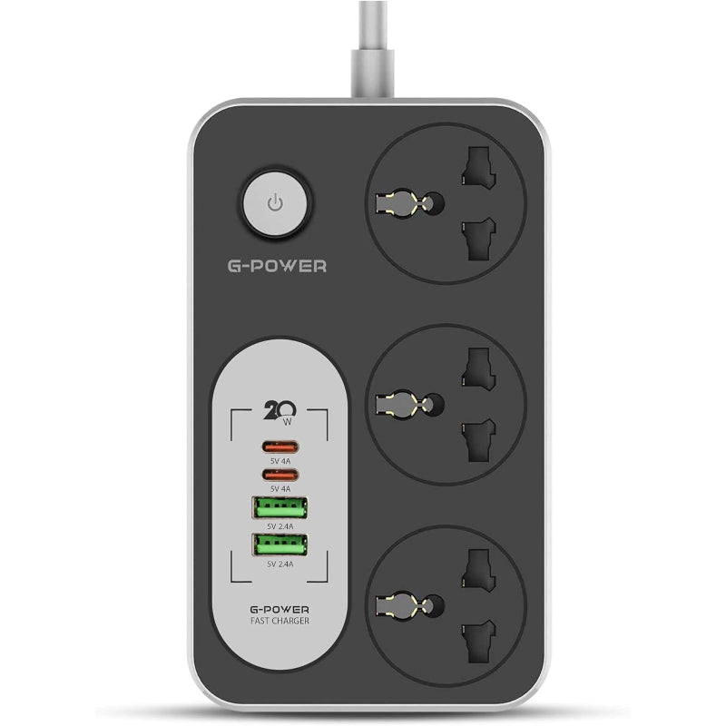 G-Power WS342 Power Strip Surge Protector Containing 220 Volt With Three Universal International Socket provides Two Type C Charging Ports 20 Watt - Black Grey