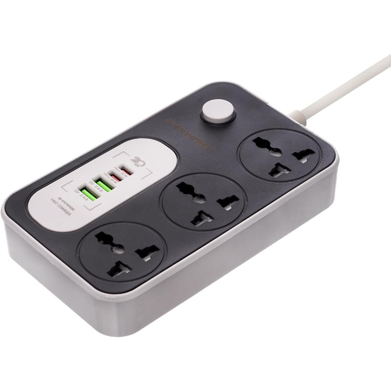 G-Power WS342 Power Strip Surge Protector Containing 220 Volt With Three Universal International Socket provides Two Type C Charging Ports 20 Watt - Black Grey