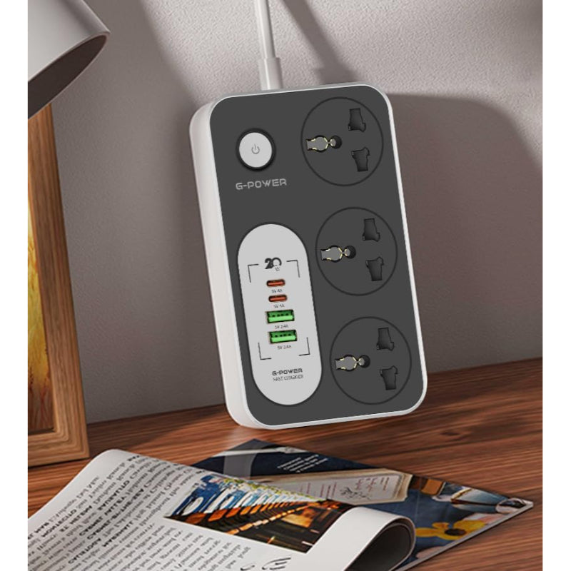 G-Power WS342 Power Strip Surge Protector Containing 220 Volt With Three Universal International Socket provides Two Type C Charging Ports 20 Watt - Black Grey