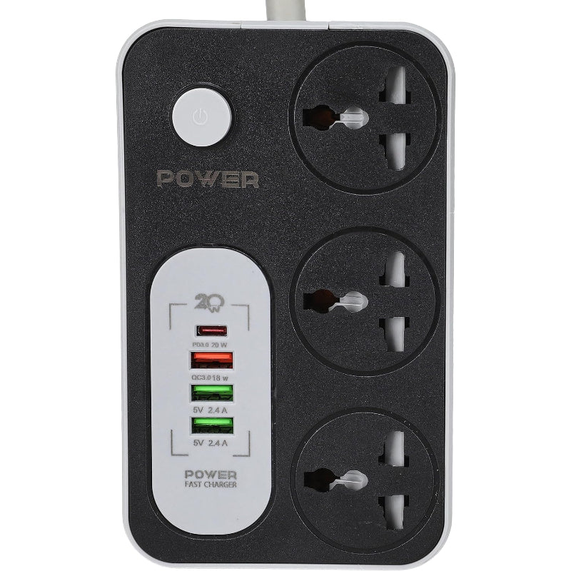 G-Power WS343 power strip 220v with 3 universal international socket,1 fast charging socket 18w,1 type c charging ports 20w and 2 usb charging ports 2.4a - Black Grey