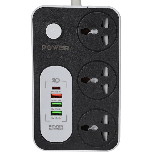 شريط طاقة G-Power WS343 220 فولت مع 3 مقابس دولية عالمية، ومقبس شحن سريع 18 وات، ومنفذ شحن من النوع C 20 وات ومنفذي شحن USB 2.4 أمبير - أسود رمادي