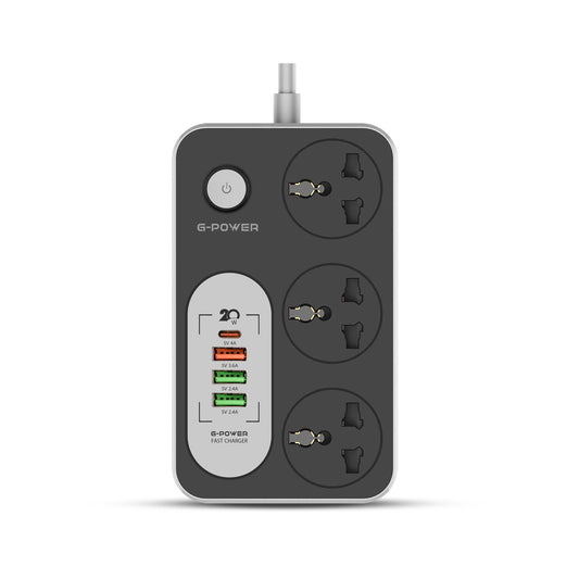 G-Power WS343 Power Strip | 3 Universal Sockets, 1 Fast Charge 18W, 1 Type-C 20W, 2 USB 2.4A - Black/Grey