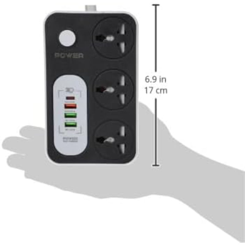 G-Power WS343 power strip 220v with 3 universal international socket,1 fast charging socket 18w,1 type c charging ports 20w and 2 usb charging ports 2.4a - Black Grey