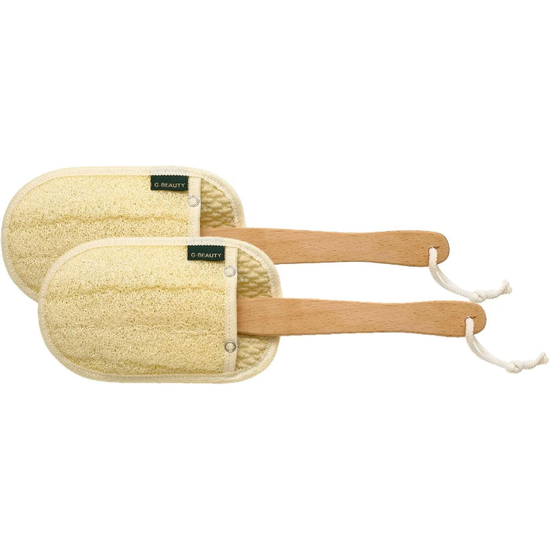 G-Beauty GBY-025 Natural Oval Double Face Massage Loofah With Wooden Handle And Hock Strap For Bath Spa and Shower Set Of 2 Pieces - Beige