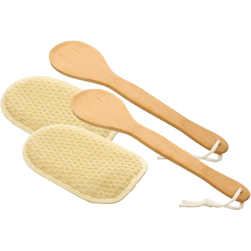 G-Beauty GBY-025 Natural Oval Double Face Massage Loofah With Wooden Handle And Hock Strap For Bath Spa and Shower Set Of 2 Pieces - Beige