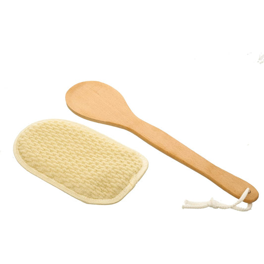 G-Beauty GBY-025 Natural Oval Double Face Massage Loofah With Wooden Handle And Hock Strap For Bath Spa and Shower - Beige