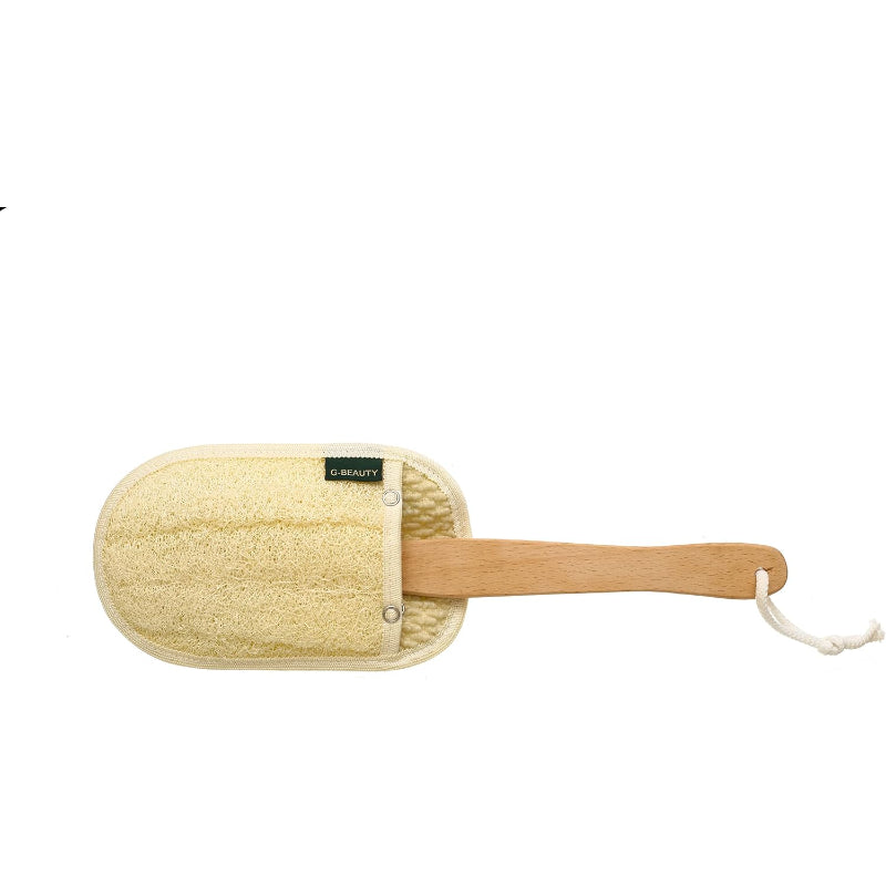 G-Beauty GBY-025 Natural Oval Double Face Massage Loofah With Wooden Handle And Hock Strap For Bath Spa and Shower - Beige