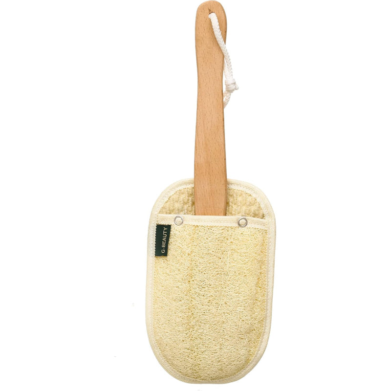 G-Beauty GBY-025 Natural Oval Double Face Massage Loofah With Wooden Handle And Hock Strap For Bath Spa and Shower - Beige