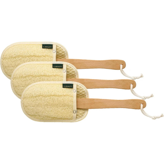 G-Beauty GBY-025 Natural Oval Double Face Massage Loofah With Wooden Handle And Hock Strap For Bath Spa and Shower Set Of 3 Pieces - Beige