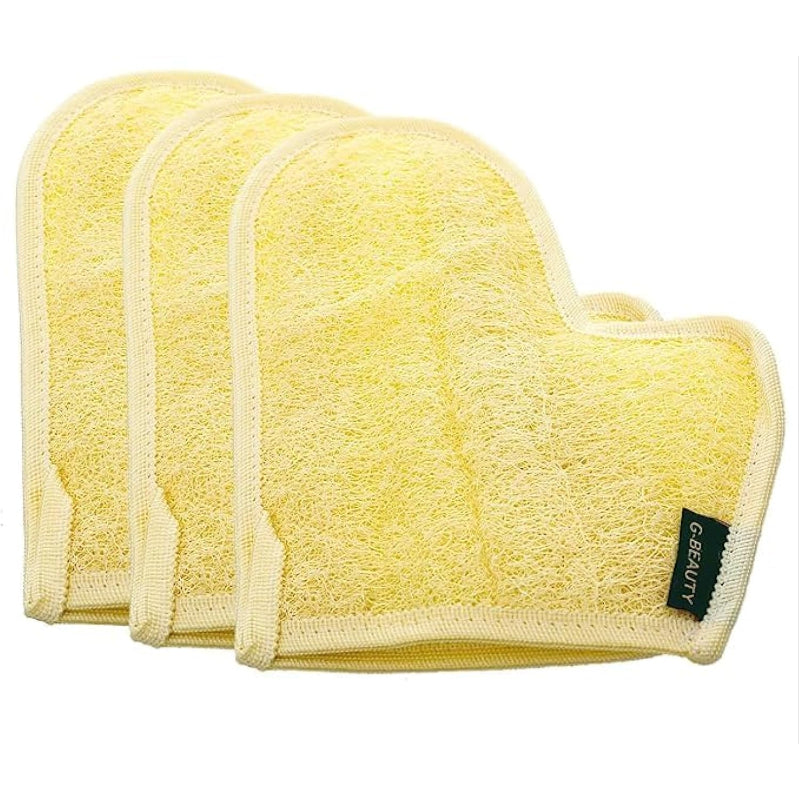 G-Beauty GBY-010 Small Natural Glove Double Face Massage Loofah For Bath Spa and Shower Set Of 3 Pieces - Beige