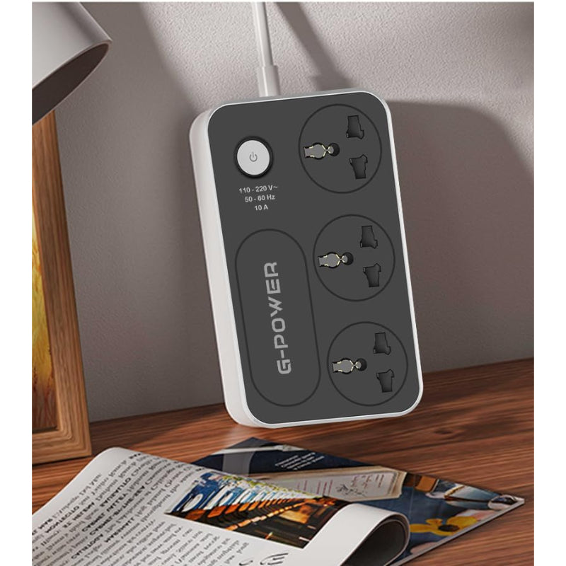 G-Power WS344 Power Strip Surge Protector Containing 220 Volt with Three Universal International Socket And Locker 10 amper - Black Grey