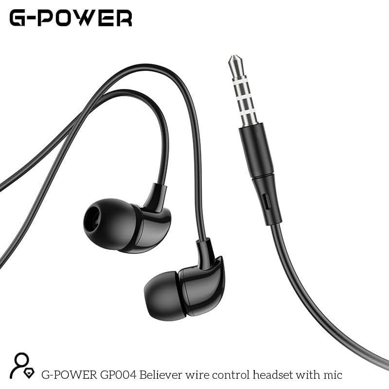 سماعات أذن G-Power GP004 Believer سلكية عالية الجودة بصوت ستيريو تحتوي على ميكروفون وزر تحكم ومقبس 3.5 مم - أسود