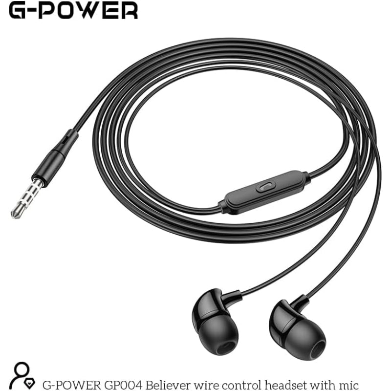 سماعات أذن G-Power GP004 Believer سلكية عالية الجودة بصوت ستيريو تحتوي على ميكروفون وزر تحكم ومقبس 3.5 مم - أسود