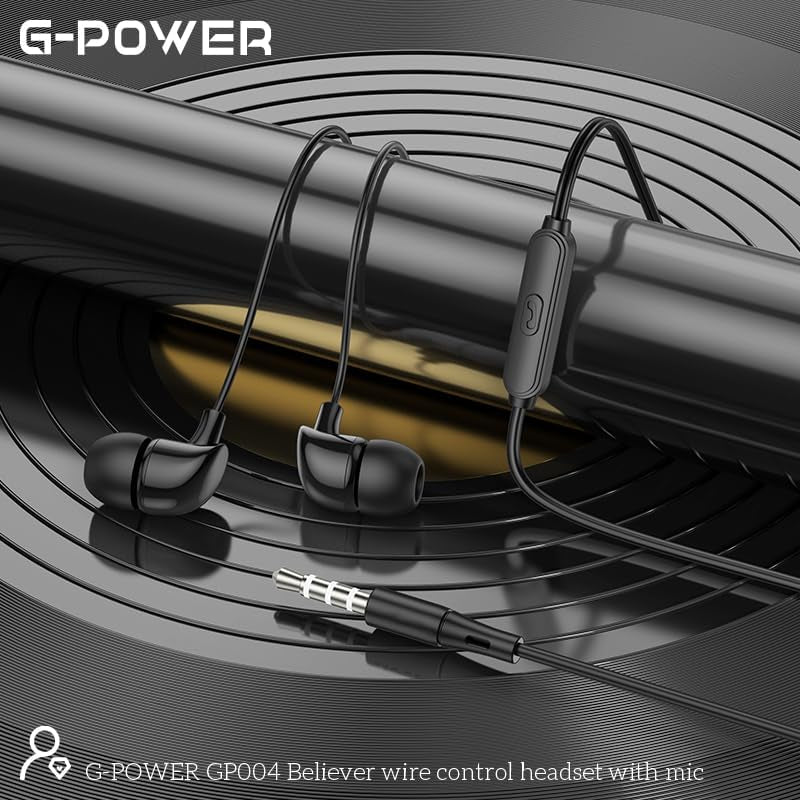 سماعات أذن G-Power GP004 Believer سلكية عالية الجودة بصوت ستيريو تحتوي على ميكروفون وزر تحكم ومقبس 3.5 مم - أسود