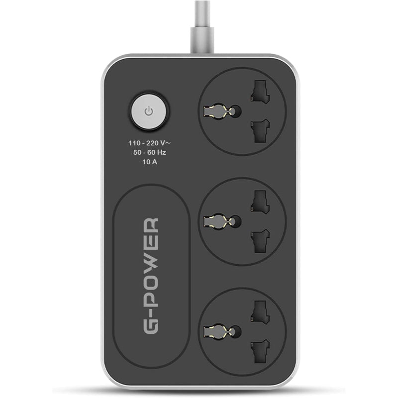 G-Power GP344 power strip surge protector 220v with 3 universal international socket and locker 10a - Black Grey