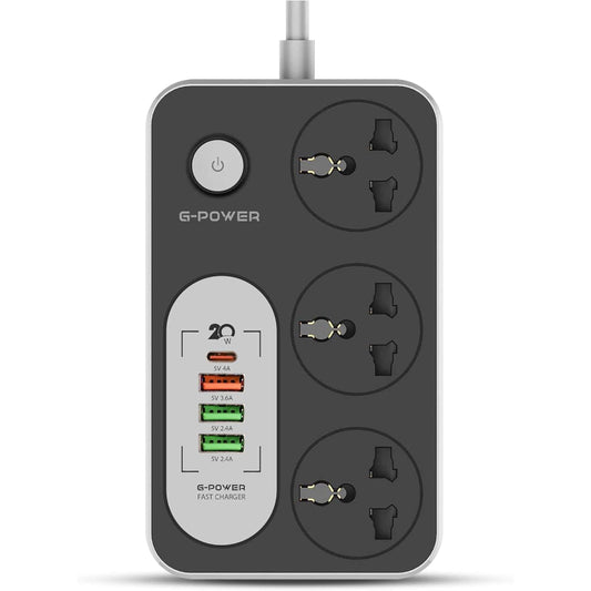 G-Power GP343 UK Power Strip | 3 Universal Sockets, 1 Fast Charge 18W, 1 Type-C 20W, 2 USB 2.4A, 220V - Black/Grey