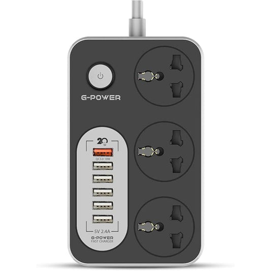 شريط كهربائي G-Power GP341 بثلاثة مقابس ثلاثية الجودة مع خمسة منافذ USB عادية بقوة 12 وات ومنافذ USB سريعة بقوة 18 وات بطول سلك 2 متر - رمادي