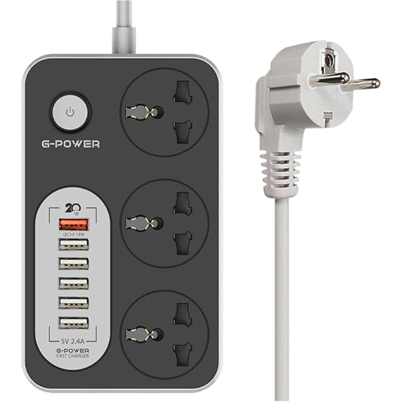 G-Power GP341 Three Triple Socket Electrical Strip Quality Wire With Five Normal USB 12 W And One Fast USB 18 W Outlets 2 Meters Wire Length - Grey