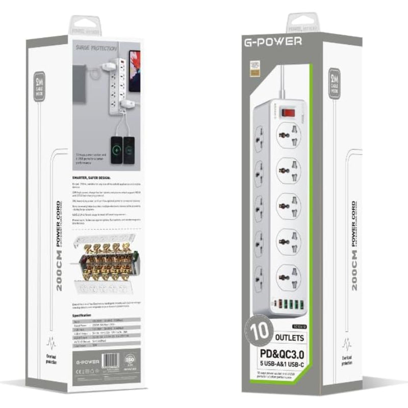 مقبس طاقة G-Power SC10610 بعشرة منافذ مع خمسة منافذ USB-A ومنفذ USB-C واحد بقوة 32 وات لأداء أفضل بطول 200 سم - أبيض